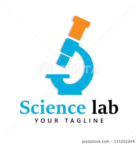 Science Lab Icon Logo Design with Blue Microscope and Orange Eyepiece Vector 135202844