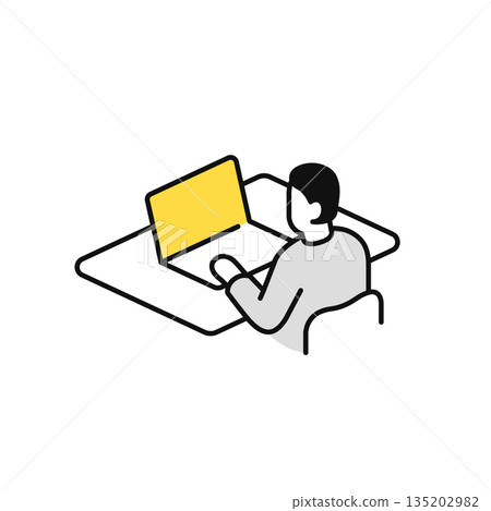 Simple vector icon illustration of a man working on a laptop in a coworking space 135202982