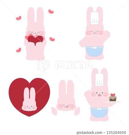 Illustration set featuring a rabbit in a chef's costume and hearts 135203050