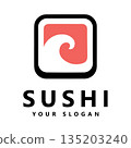 Sushi Icon Logo Design with Red Wave Inside Rounded Square Vector 135203240