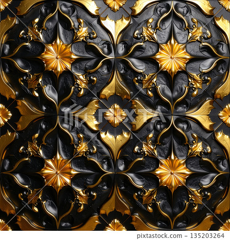抽象的黑金逼真3D重複圖案圖形材料 135203264