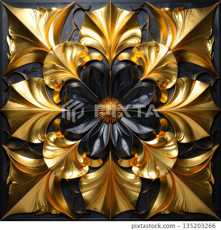 抽象的黑金逼真3D重複圖案圖形材料 135203266