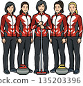 Women's curling team, group photo style illustration of five players, official composition including reserves (transparent background) 135203396