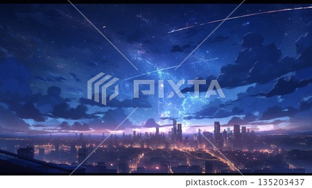 Night view of a shooting star-filled night sky and illuminated buildings 135203437