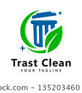 Trast Clean Icon Logo Design with Blue Trash Can Green Leaf Crescent and Sparkles Vector Illustration 135203460