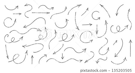 A set of drawn arrows. Pointers on a white background. Drawing and sketching set. Vector illustration . A set of drawn arrows. Pointers on a white background. Drawing and sketching set. Vector illustration . 135203505
