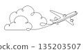 An airplane flying in the clouds. Around the world trip .Continuous line drawing. Vector illustration . 135203507
