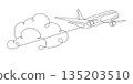 An airplane flying in the clouds. Around the world trip .Continuous line drawing. Vector illustration . 135203510
