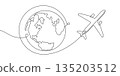 Around the world trip . Flying airplane. Planet Earth. Continuous line drawing. Vector illustration . 135203512