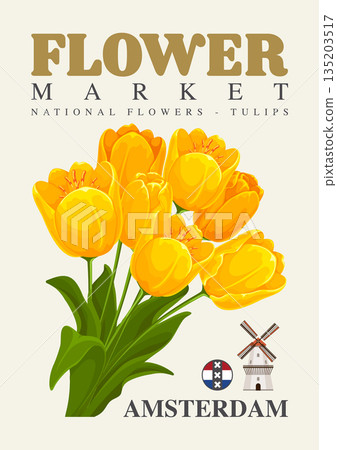 Flower Market Retro Poster With Tulips Flower Market Retro Poster With Tulips 135203517