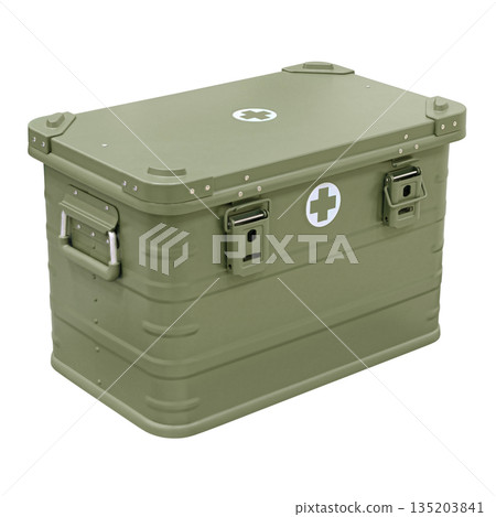 Khaki colored metal box with army medical supplies 135203841