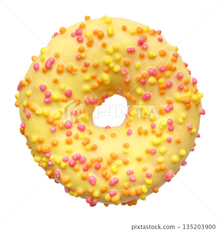 Single donut decorated with yellow icing and colorful sprinkles Single donut decorated with yellow icing and colorful sprinkles 135203900