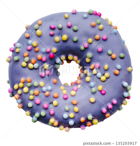 Single donut decorated with purple icing and colorful sprinkles Single donut decorated with purple icing and colorful sprinkles 135203917