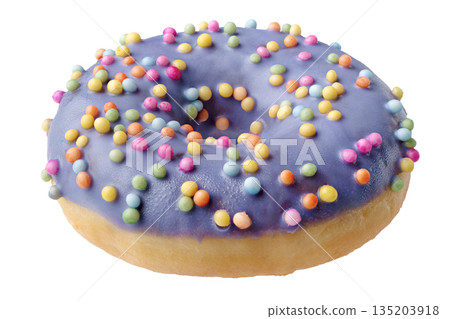 Single donut decorated with purple icing and colorful sprinkles Single donut decorated with purple icing and colorful sprinkles 135203918
