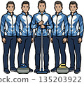 Men's curling team, group photo style illustration of five players, official composition including reserves (transparent background) 135203922