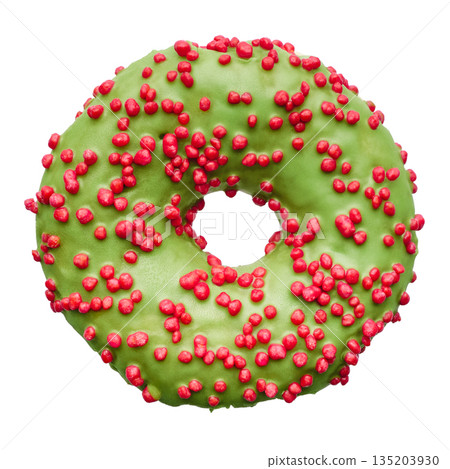Single donut decorated with green icing and red sprinkles Single donut decorated with green icing and red sprinkles 135203930