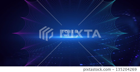 Wavy lines glowing with lighting sparkling on dark blue backround. Sciene background, technology big data concept. 135204269