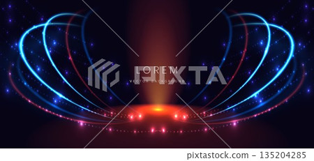 Abstract blue and red curve lines on dark background with sparkling. Abstract blue and red curve lines on dark background with sparkling. 135204285