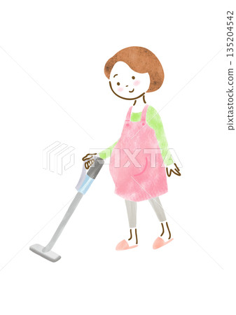 一幅孕婦穿著圍裙用吸塵器工作的插圖 135204542