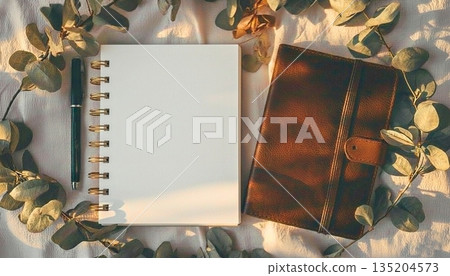 白色筆記本和皮革封面記事本：一個自然的工作空間 135204573