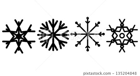 Minimal black snowflake icon set featuring various winter crystal shapes. Clean vector style suitable for seasonal design holiday graphics stickers UI icons prints and decorative elements Minimal black snowflake icon set featuring various winter crystal shapes. Clean vector style suitable for seasonal design holiday graphics stickers UI icons prints and decorative elements 135204848