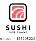 Sushi Icon with Abstract Red and White Shapes and Bold Branding Template Vector 135205228