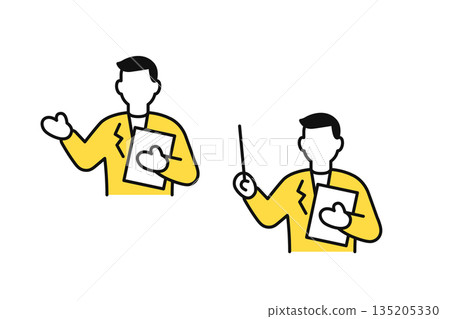 一套簡單的向量圖標插圖，描繪了一位正在解釋的商人。 135205330