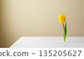 Single yellow tulip on white rustic table. Simple spring still life composition for greeting card and seasonal announcement. 135205627