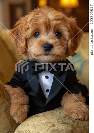 A charming little dog in a tuxedo A charming little dog in a tuxedo 135205637