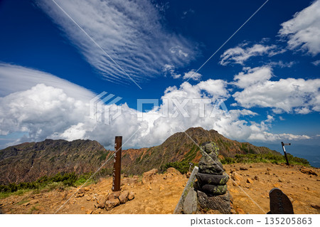 View of stone Buddha and Akadake at the summit of Yatsugatake mountain range and Amidadake View of stone Buddha and Akadake at the summit of Yatsugatake mountain range and Amidadake 135205863