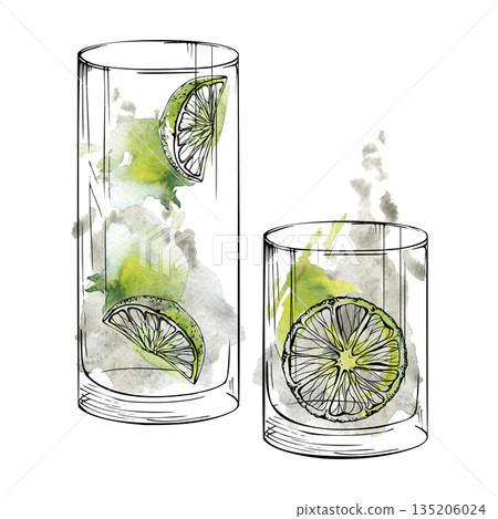 Mojito cocktail, water or lemonade, clear spirits in highball collins and rocks tumbler glasses, green lime slices garnish. Watercolor texture and ink. Hand drawn for cafe bar menu, mixology posters 135206024