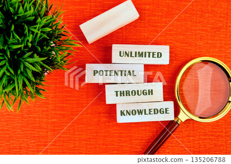 Wooden blocks stacked high, spelling out UNLIMITED POTENTIAL THROUGH KNOWLEDGE, are viewed near a magnifying glass and a vibrant green plant on an orange surface Wooden blocks stacked high, spelling out UNLIMITED POTENTIAL THROUGH KNOWLEDGE, are viewed near a magnifying glass and a vibrant green plant on an orange surface 135206788