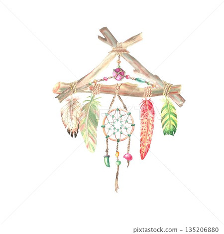 A boho illustration featuring red, yellow, green feathers, beads, and weaving on a wooden triangular frame, hand-painted with watercolors on an isolated background. Simple dreamcatcher clip art. A boho illustration featuring red, yellow, green feathers, beads, and weaving on a wooden triangular frame, hand-painted with watercolors on an isolated background. Simple dreamcatcher clip art. 135206880