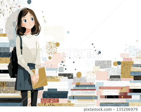 Miyu系列：教育概念插畫，描繪了一個女孩站在一個被書籍環繞的學習世界中。 135206979