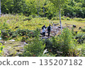 Two young women hiking near Maimenoike Pond in Norikura Highlands. Summer scenery with green mountains. 135207182