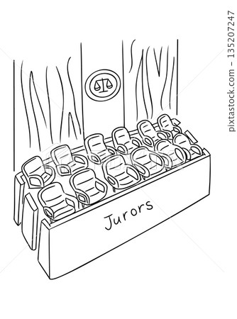 Hand drawn courtroom jury box with empty chairs and justice symbol in simple black outline isolated on white background. The illustration represents law process, justice system Hand drawn courtroom jury box with empty chairs and justice symbol in simple black outline isolated on white background. The illustration represents law process, justice system 135207247