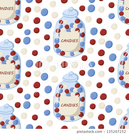 Seamless pattern with glass jars filled with colorful round candies scattered on white background in flat vector style. The illustration represents sweet treats, childhood joy and confectionery design 135207252
