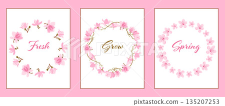 Set of three spring posters with pink floral wreaths and elegant typography on soft pastel background in clean vector style. The illustration represents renewal, growth and fresh seasonal inspiration 135207253
