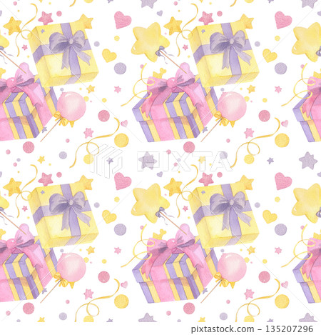 Seamless pattern of gift boxes, lolipops, confetti and serpentine. Handmade watercolor illustration. For packing paper, greeting cards, decoration and illustration. Seamless pattern of gift boxes, lolipops, confetti and serpentine. Handmade watercolor illustration. For packing paper, greeting cards, decoration and illustration. 135207296