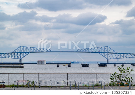 東京灣沿岸工業區，建築起重機林立，天空陰雲密布。 135207324