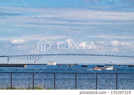 Industrial area along Tokyo Bay, construction cranes and cloudy sky Industrial area along Tokyo Bay, construction cranes and cloudy sky 135207329