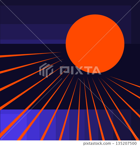 Bright orange sun radiates vivid beams across a stylized geometric purple landscape with bold shadowed blocks, evoking heat, structure, and abstraction. 135207500
