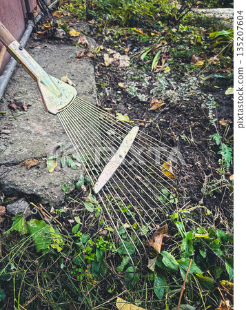Rake in a garden with fallen leaves on stone path. Rake in a garden with fallen leaves on stone path. 135207604