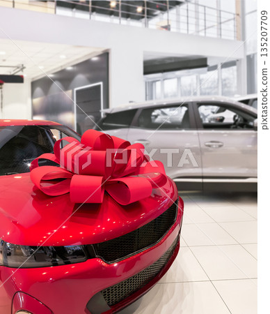 A sparkling red car in festive decorations, a scene in a dealership showroom 135207709