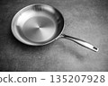 Modern stainless steel pan with textured background and dramatic lighting, Elegant cookware featuring smooth handle set against patterned surface with intense contrast effects 135207928