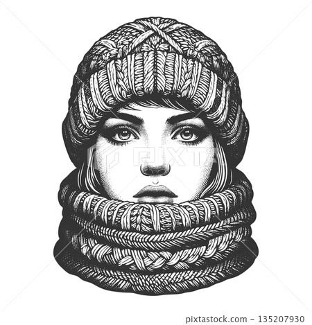 Winter woman portrait engraving sketch raster Winter woman portrait engraving sketch raster 135207930