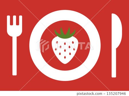 Illustration of a plate with strawberries and cutlery on a red background Illustration of a plate with strawberries and cutlery on a red background 135207946