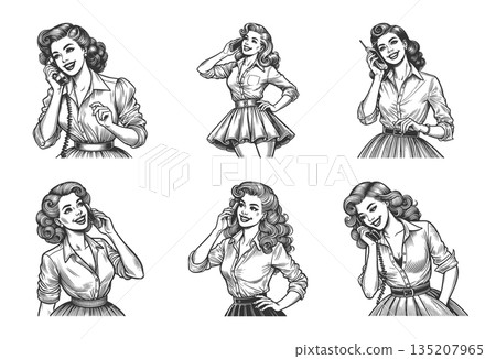 pin-up girl talking on phone engraving set raster pin-up girl talking on phone engraving set raster 135207965
