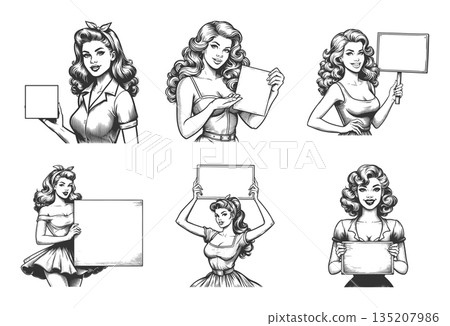 pin-up women blank signs and posters set raster 135207986