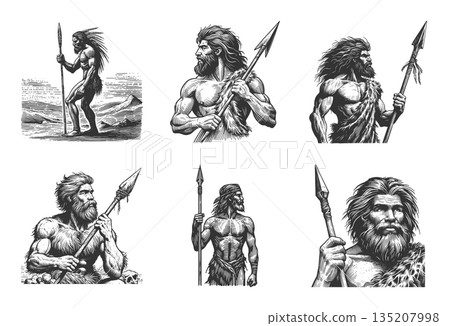 primitive cavemen holding spears engraving vector primitive cavemen holding spears engraving vector 135207998